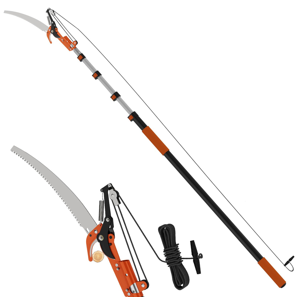 LAANPOLE front view of pole saw showing whole tool and benefits of reach
