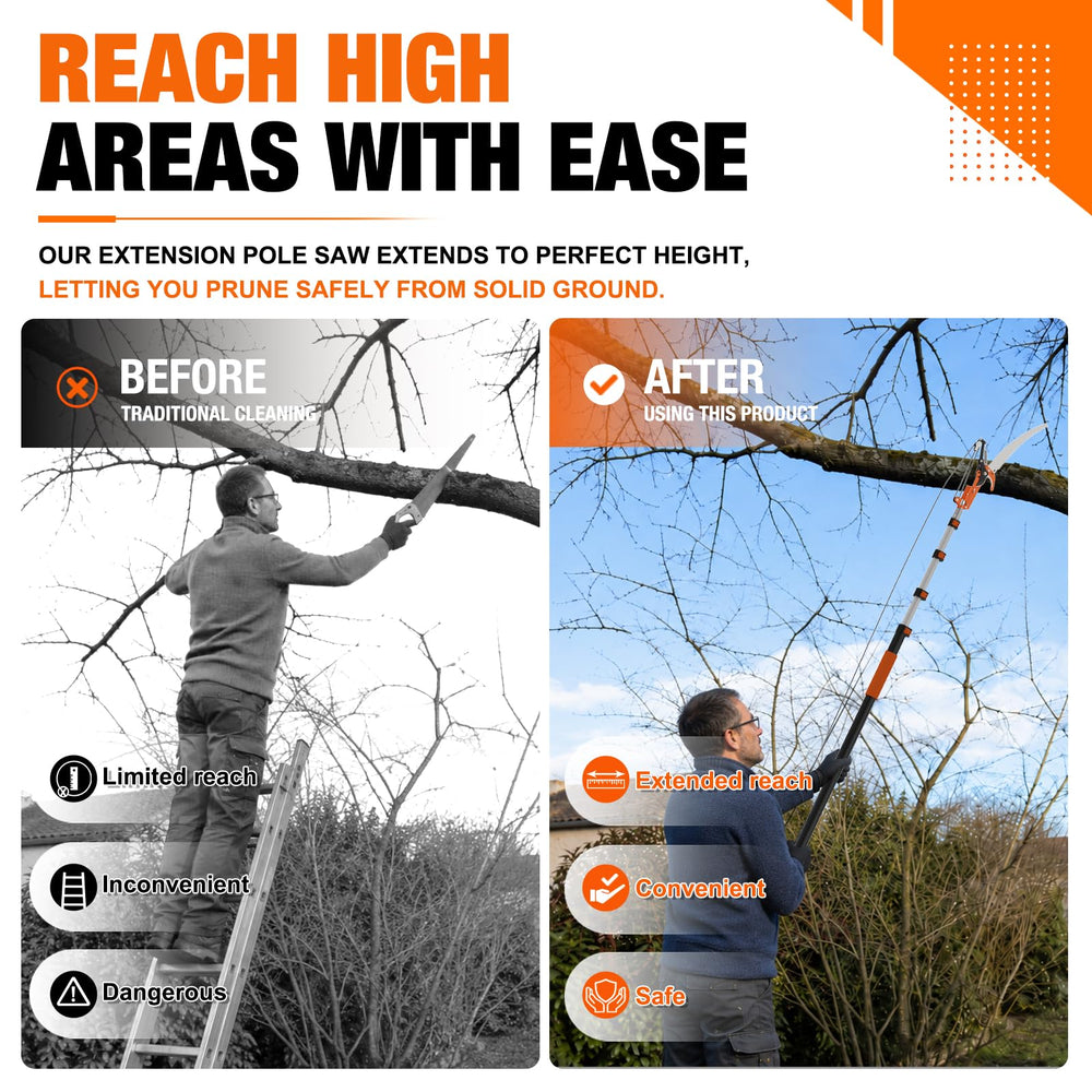 LAANPOLE person trimming a high branch from ground showing safer work