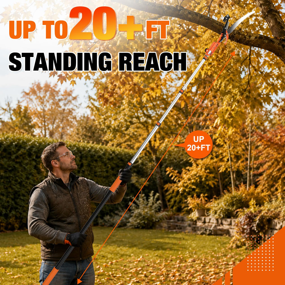 LAANPOLE pole saw next to person showing compact storage and scale benefit
