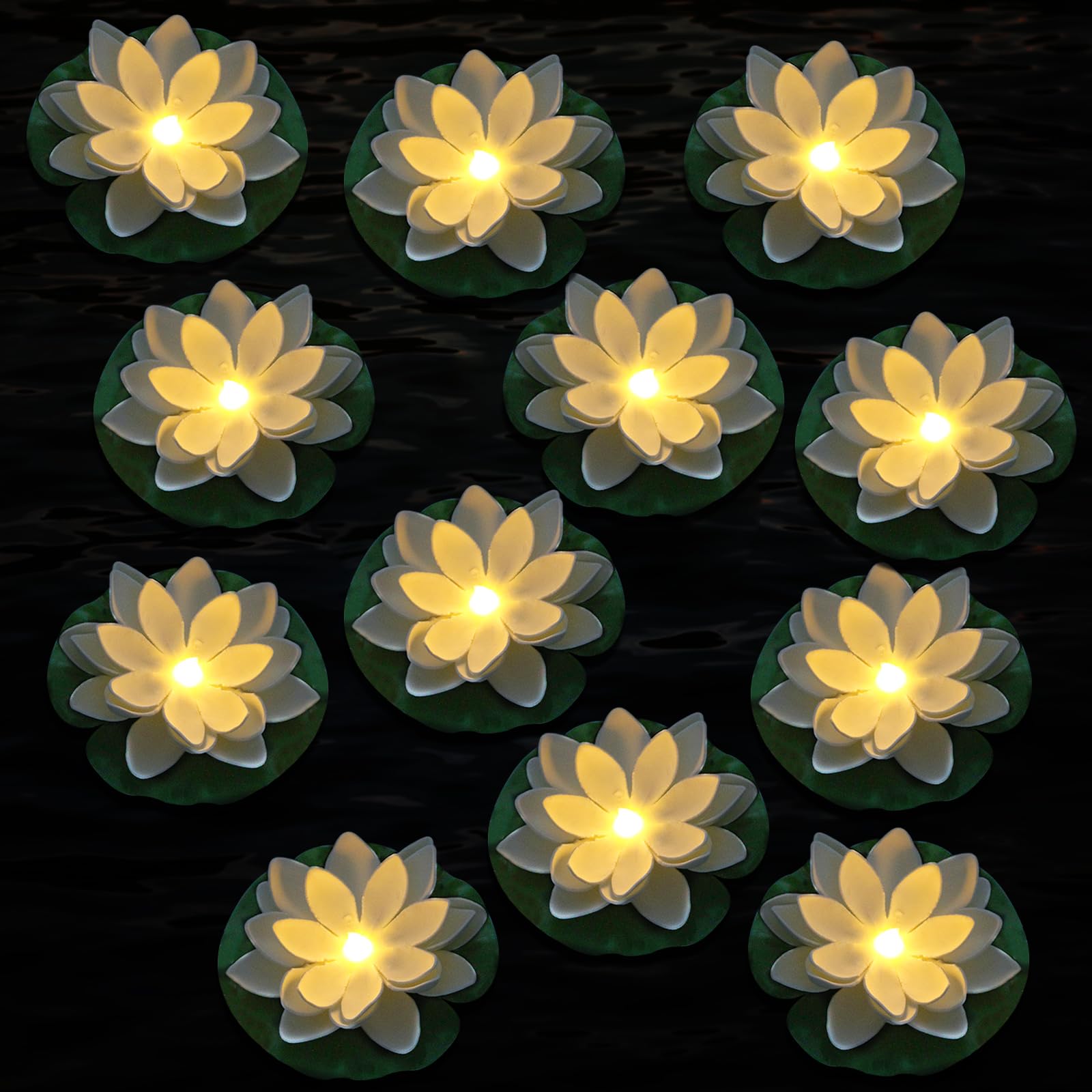 LACGO front view of floating lotus light showing shape and warm glow