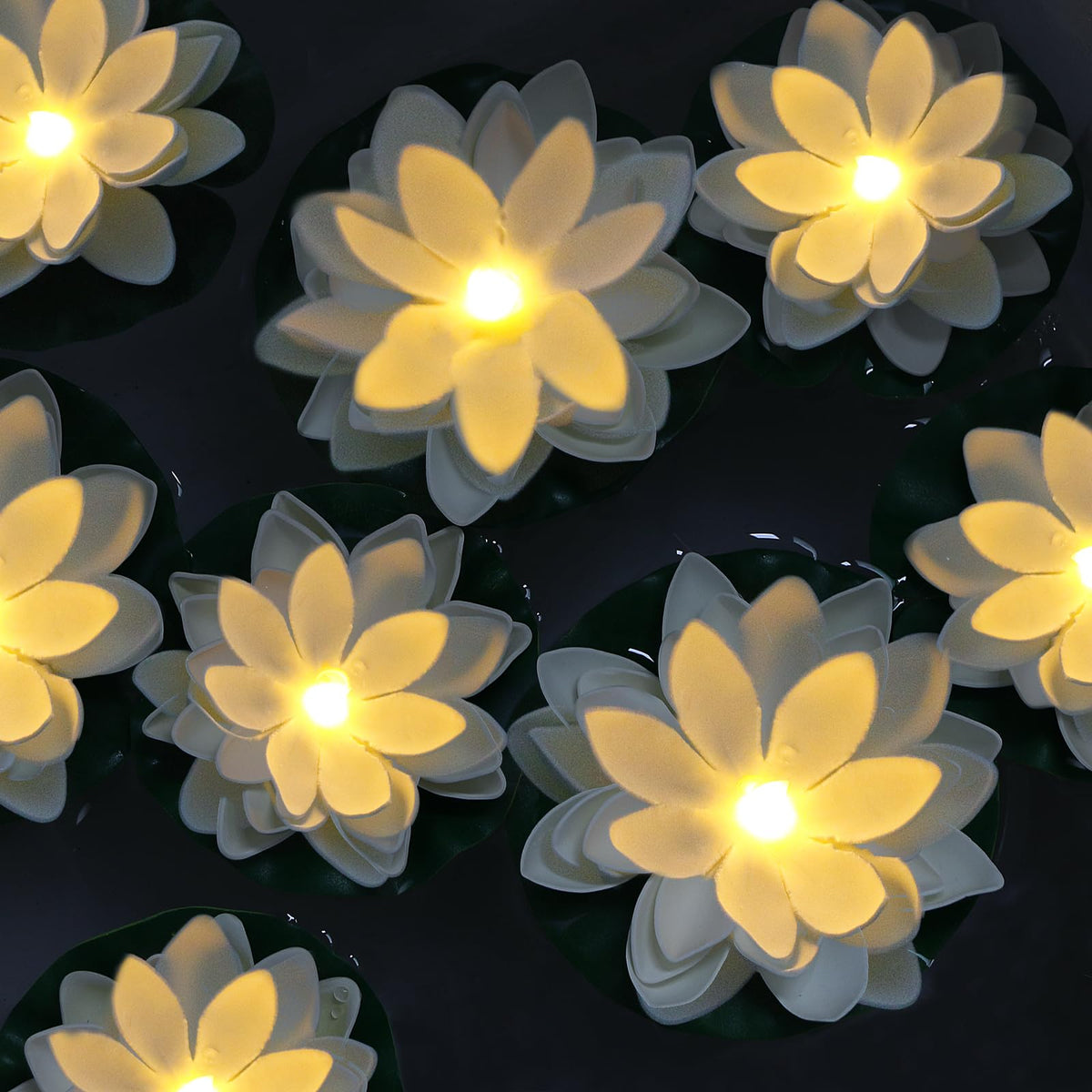 LACGO floating lotus front view showing warm white glow and realistic petals