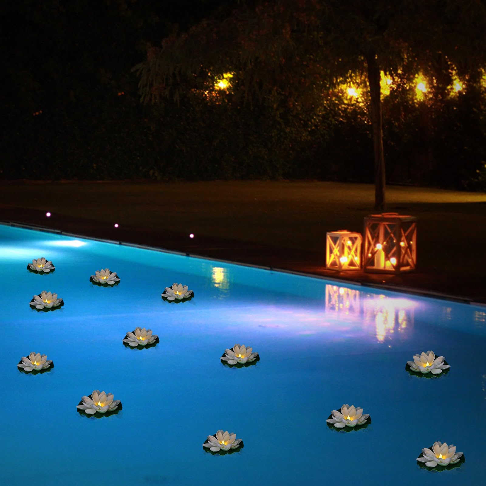LACGO floating lotus lights in pool at night creating ambient atmosphere