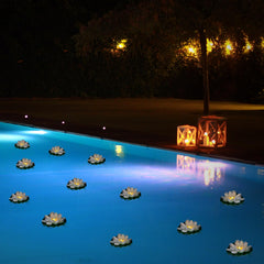 LACGO floating lotus lights in pool at night creating ambient atmosphere