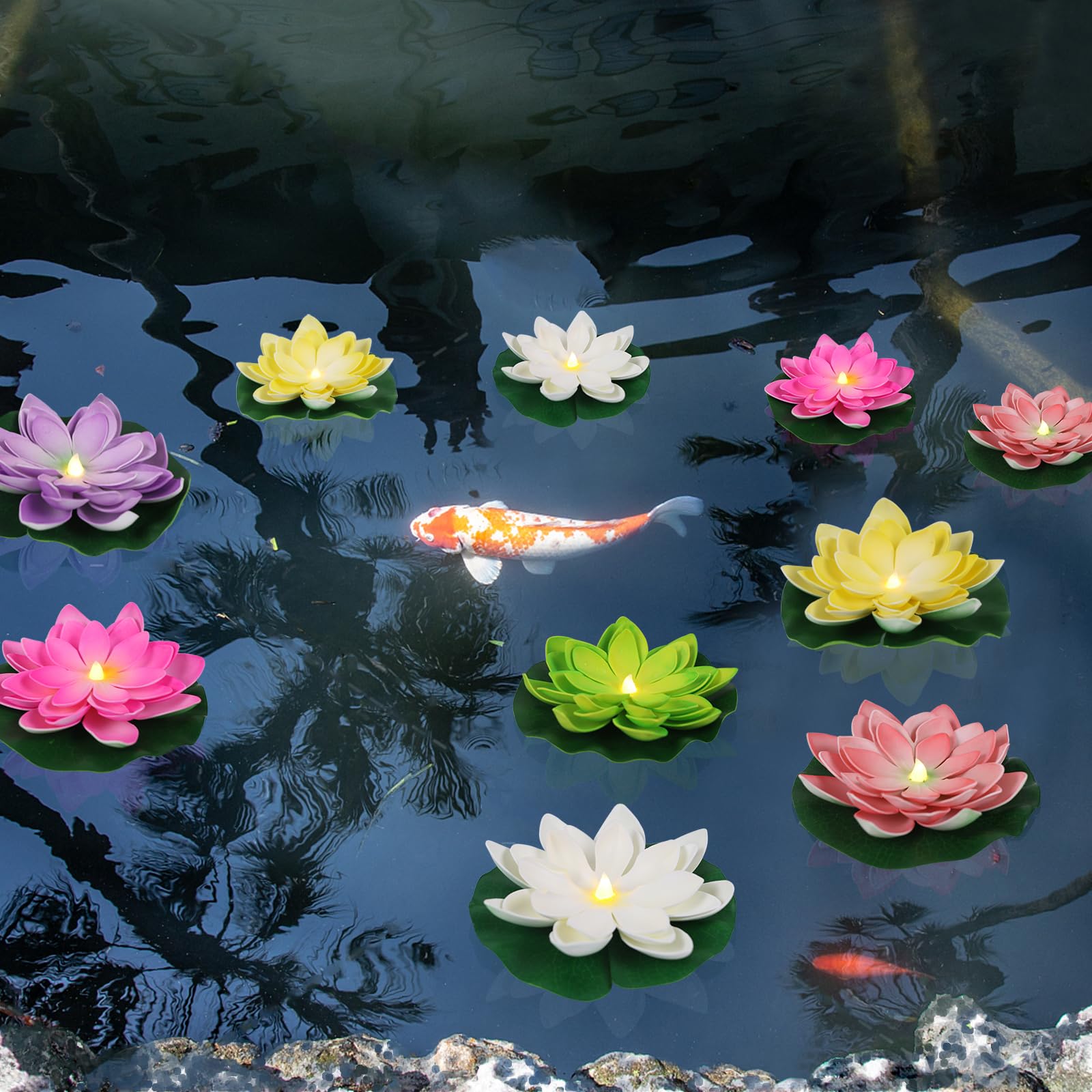LACGO lotus floating in pool activating on water for instant ambiance