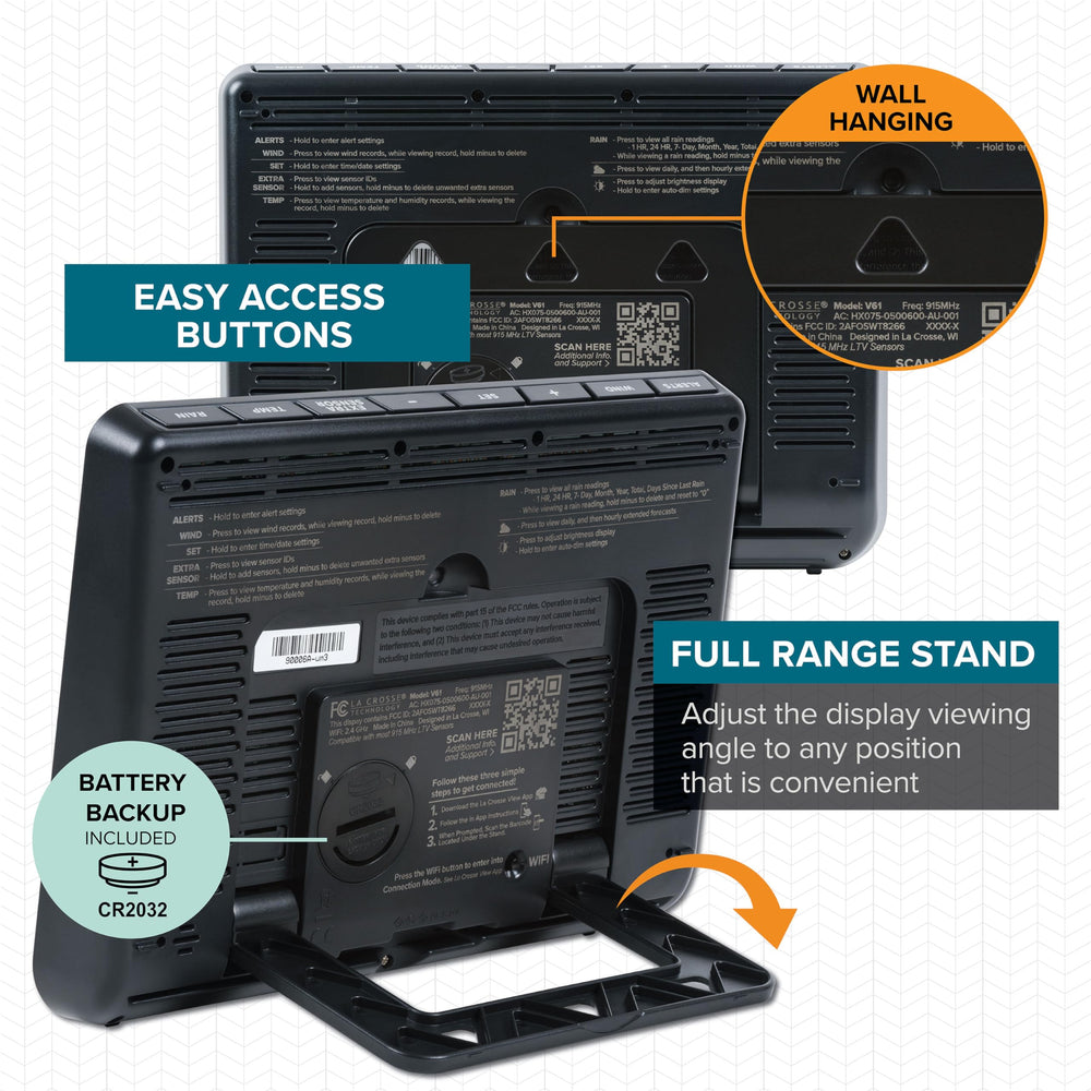 La Crosse Technology console side ports and buttons for easy setup and manual adjustments