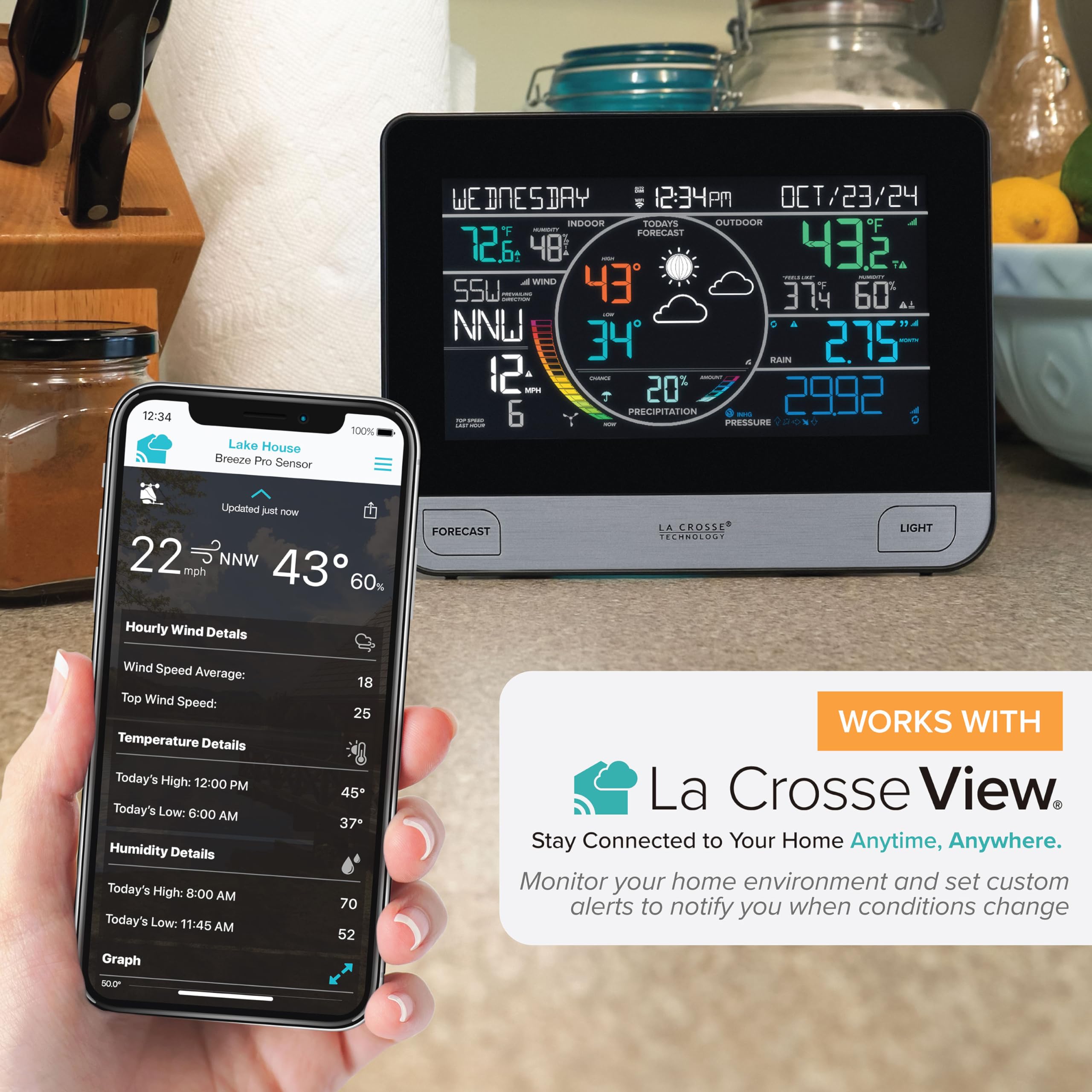 La Crosse Technology station shown next to a hand to illustrate compact, user-friendly scale