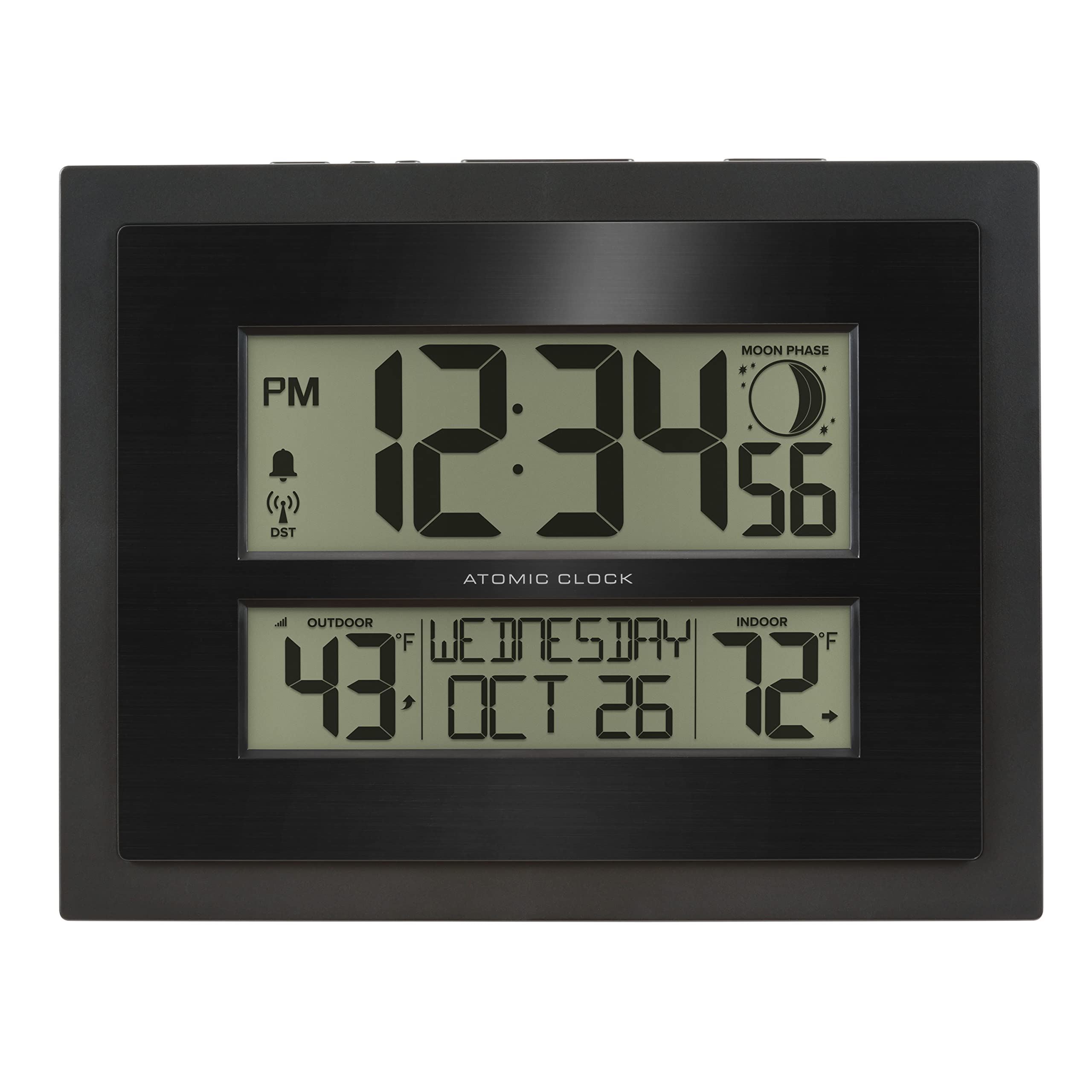 La Crosse Technology front display showing time temperature and moon phase for easy planning