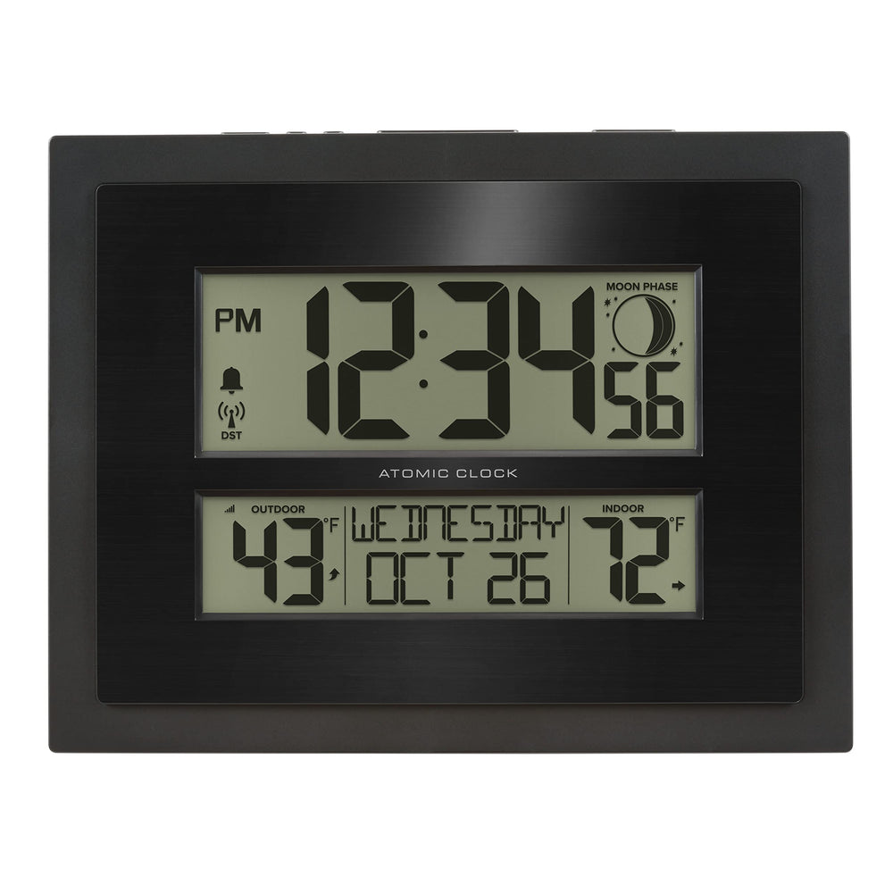 La Crosse Technology front display showing time temperature and moon phase for easy planning