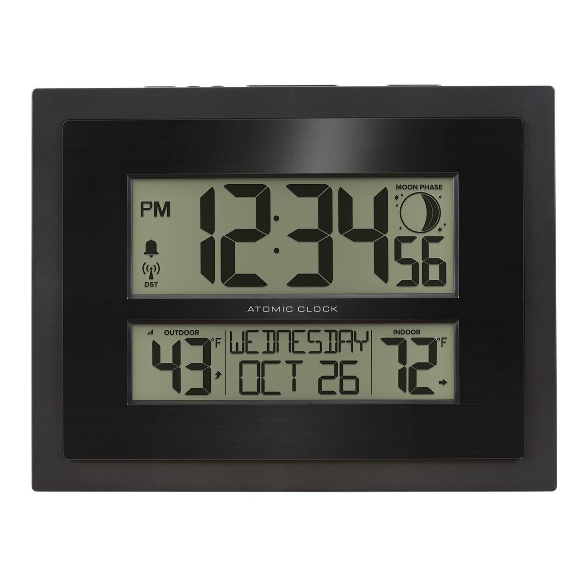 La Crosse Technology front display showing time temperature and moon phase for easy planning