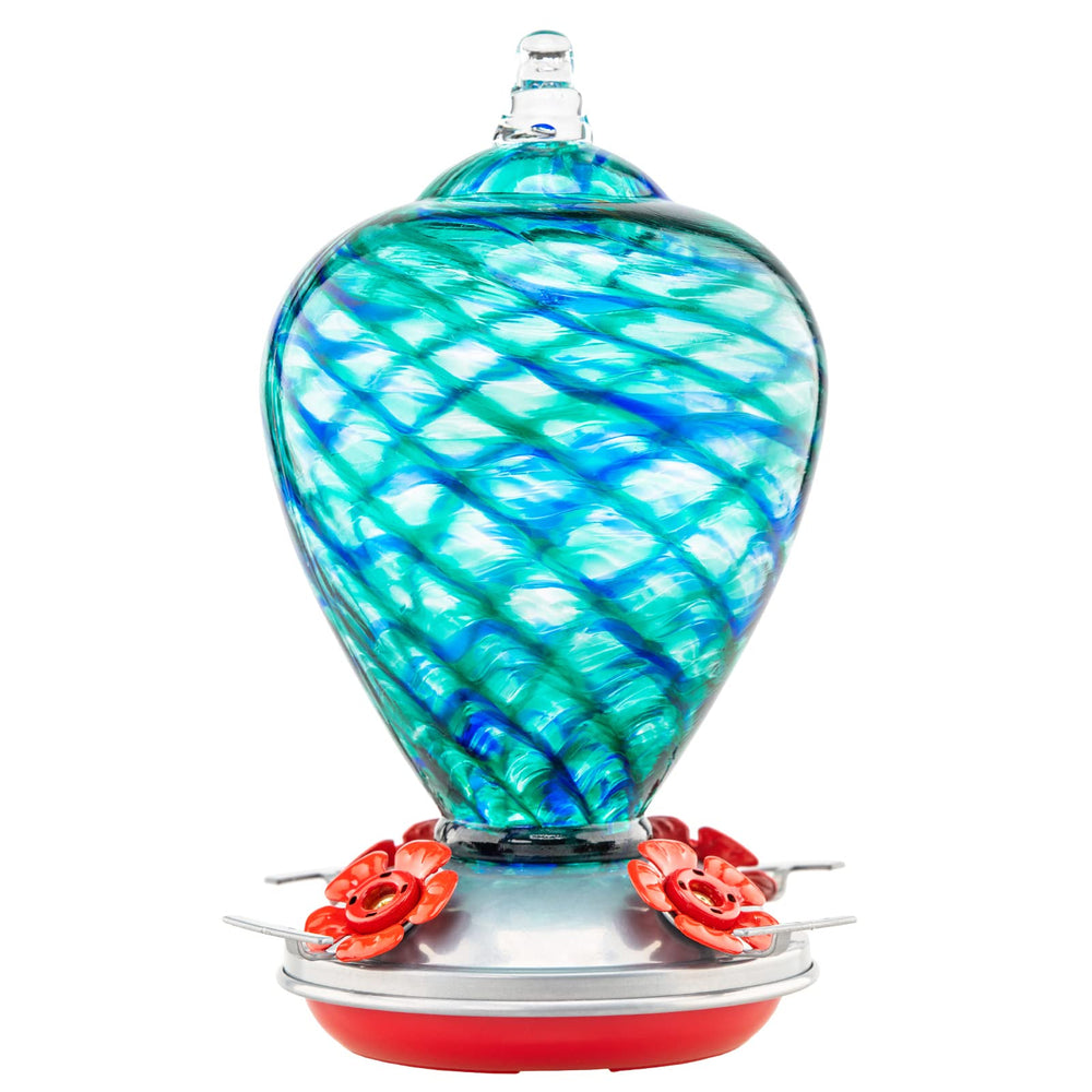 LaElvish Garden front view of blue mermaid feeder showcasing elegant glass and capacity