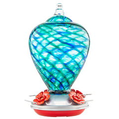 LaElvish Garden front view of blue mermaid feeder showcasing elegant glass and capacity