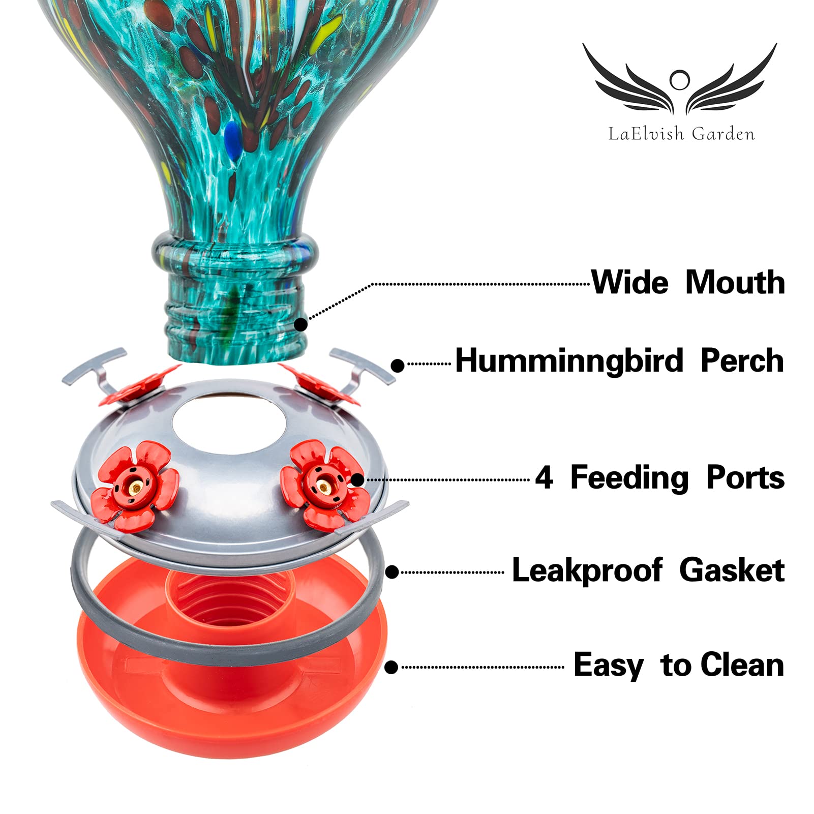 LaElvish Garden feeder hanging in backyard attracting hummingbirds and enhancing decor