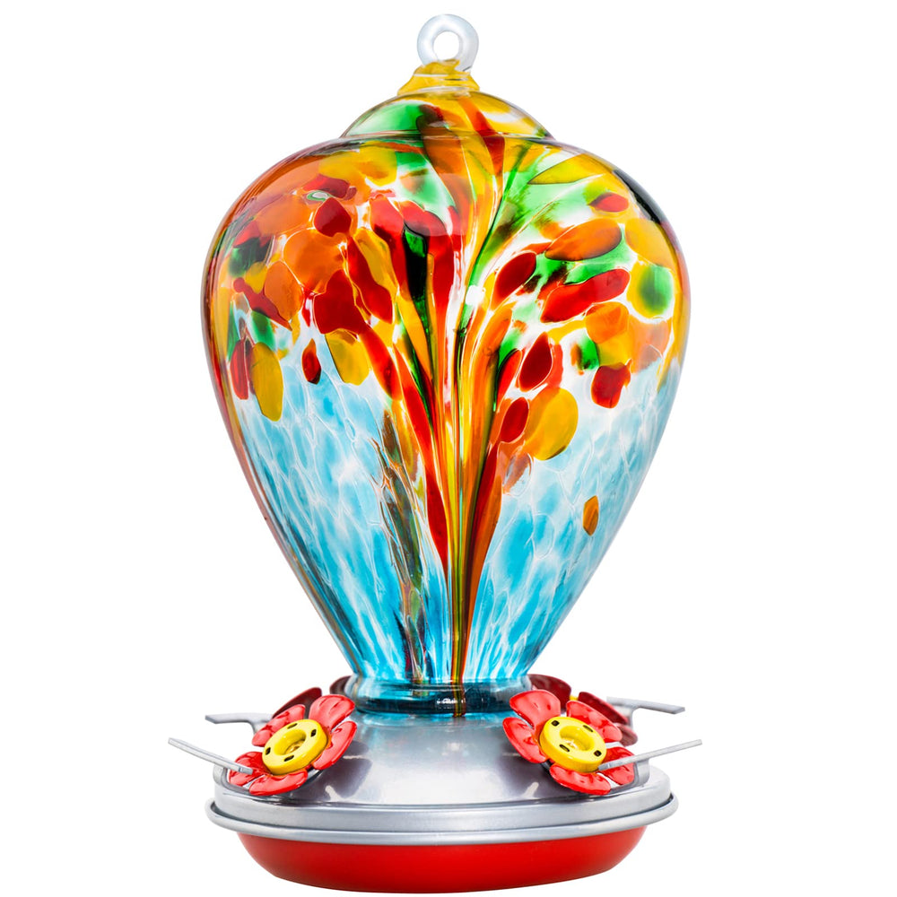 LaElvish Garden front view of hand-blown feeder showing color and shape benefit: attracts hummingbirds
