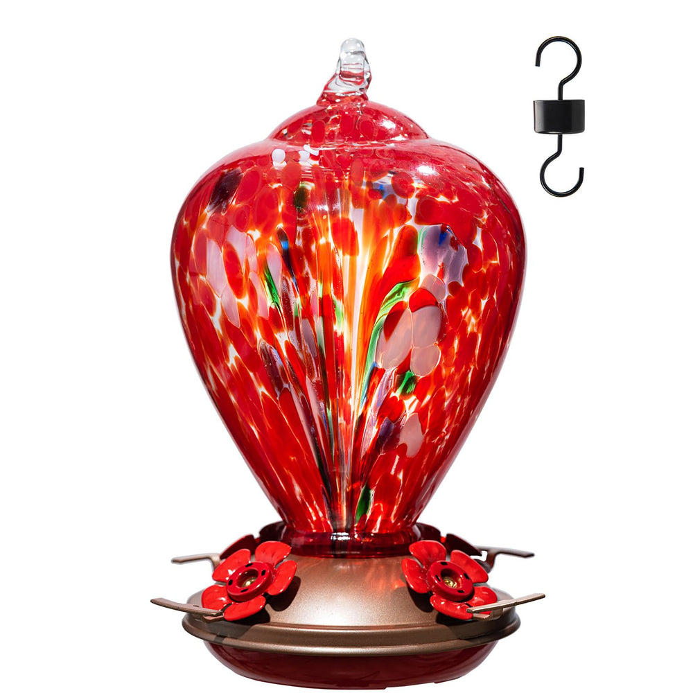 LaElvish Garden front view showing colorful blown-glass feeder, attractive garden focal point