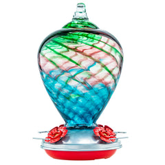 LaElvish Garden front view of hand-blown glass feeder shows decorative color and large capacity