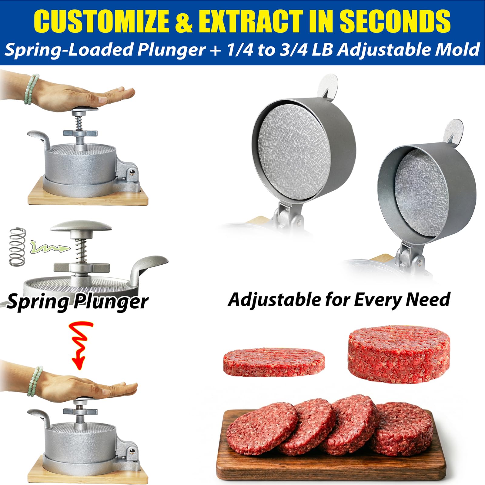 laffeya spring plunger action demonstrating one-second pop-out for intact patties
