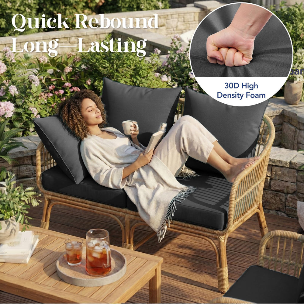L'AGRATY cushion placed on outdoor sofa demonstrating finished look