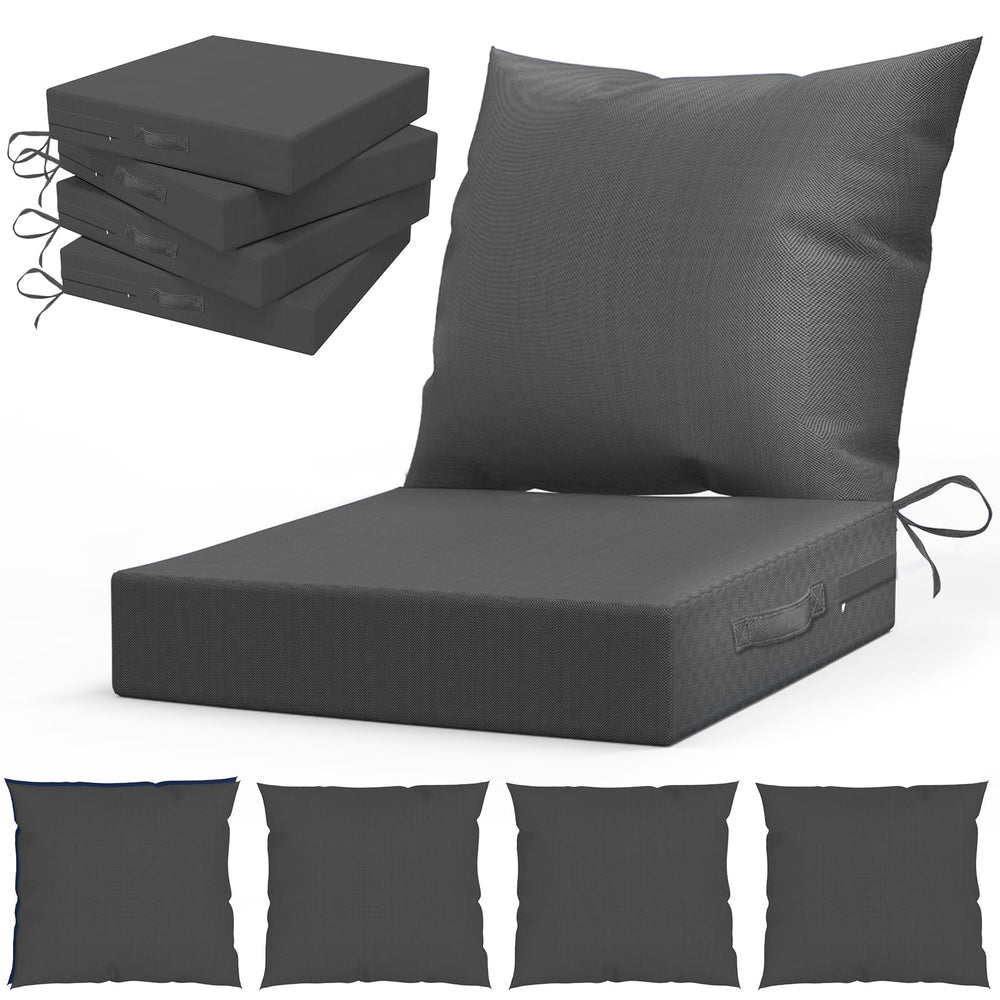 L'AGRATY front view of four grey patio cushions showing neat fit and style