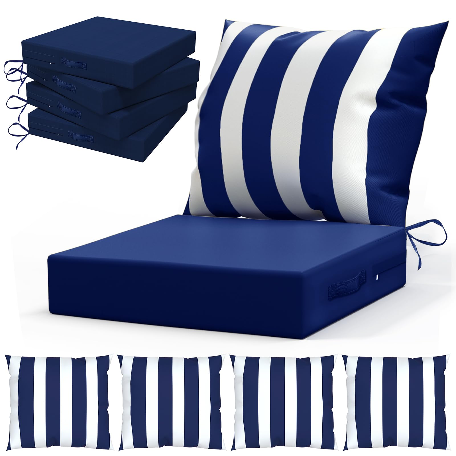 L'AGRATY front view of four navy blue and white cushions showing coordinated style and durability