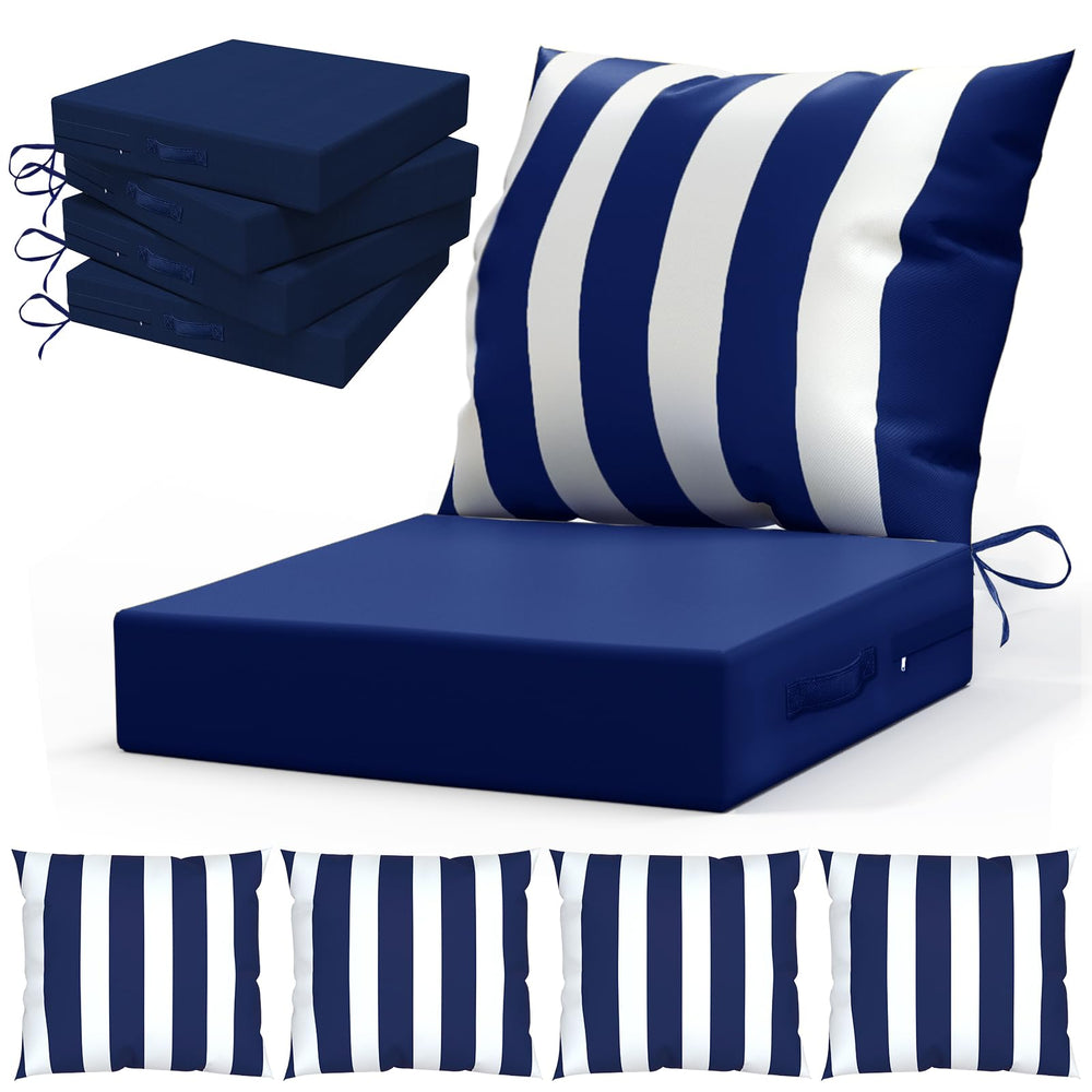L'AGRATY front view of four navy blue and white cushions showing coordinated style and durability