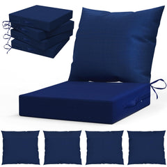 L'AGRATY front view of four navy outdoor cushions showing coordinated set and appeal