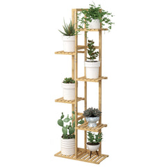 Laiensia front view of full 6-tier bamboo plant stand showing natural wood benefits