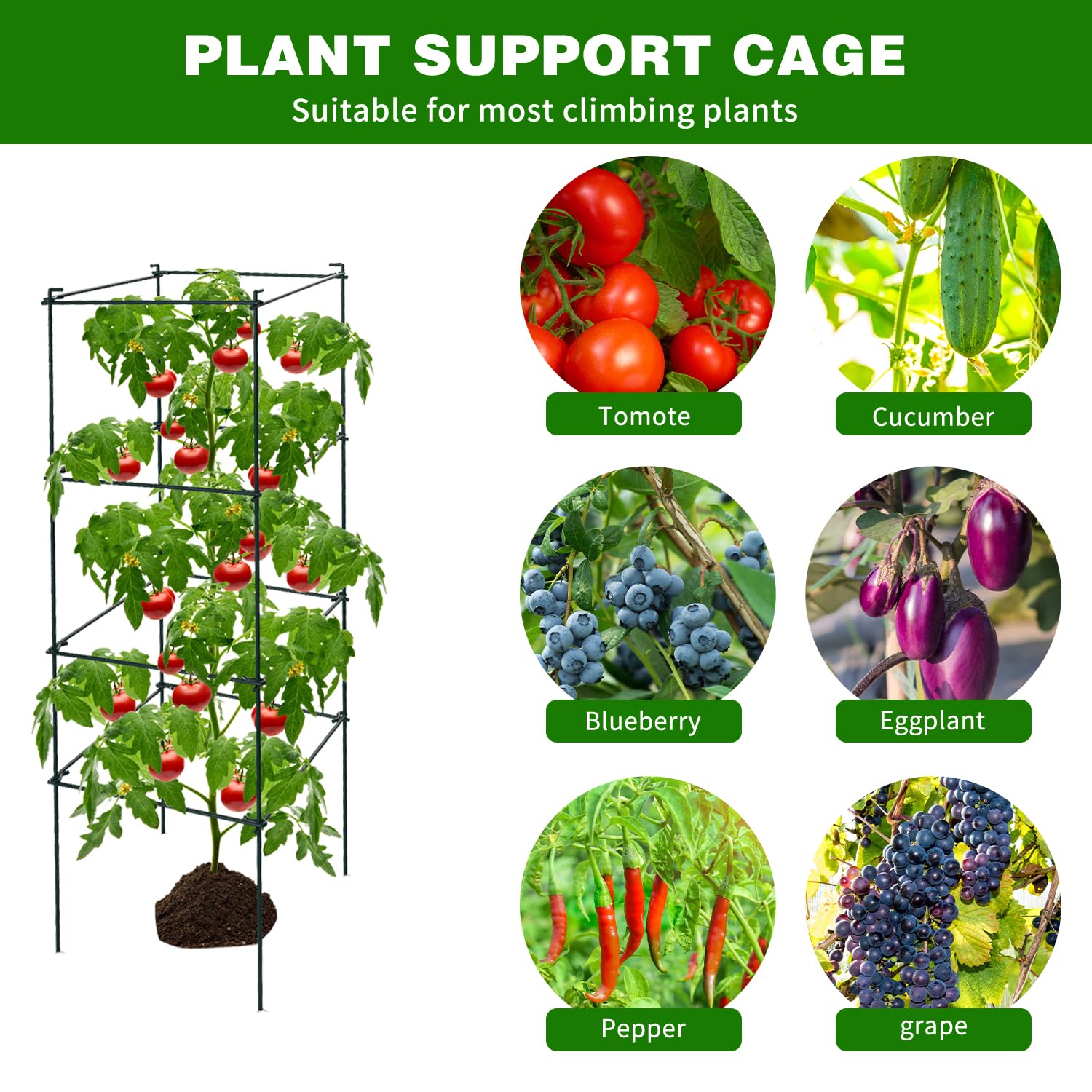 LAKNUAL steel stakes inserted in soil securing cages against wind and movement
