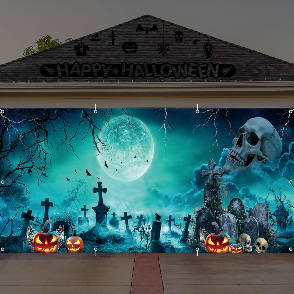 LALAFELL front view garage door cover showing dramatic graveyard scene benefit: instant curb appeal