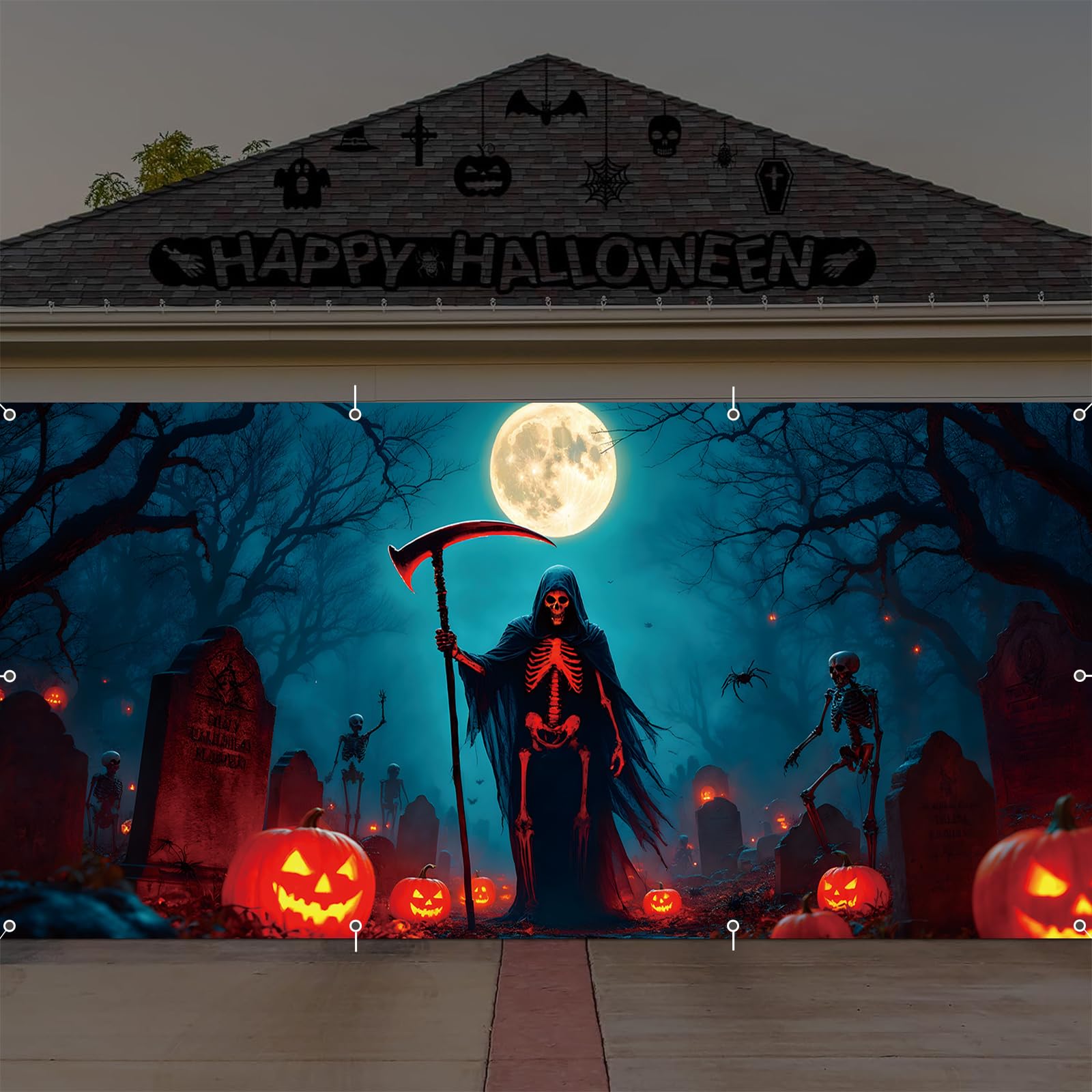LALAFELL front view garage cover showing full cemetery scene and curb appeal benefit