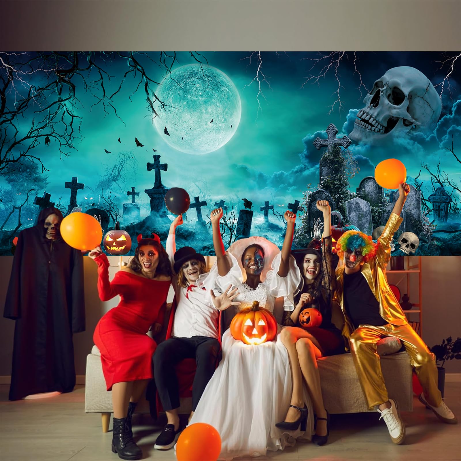LALAFELL banner hung on porch with Halloween props benefit: creates immersive seasonal display