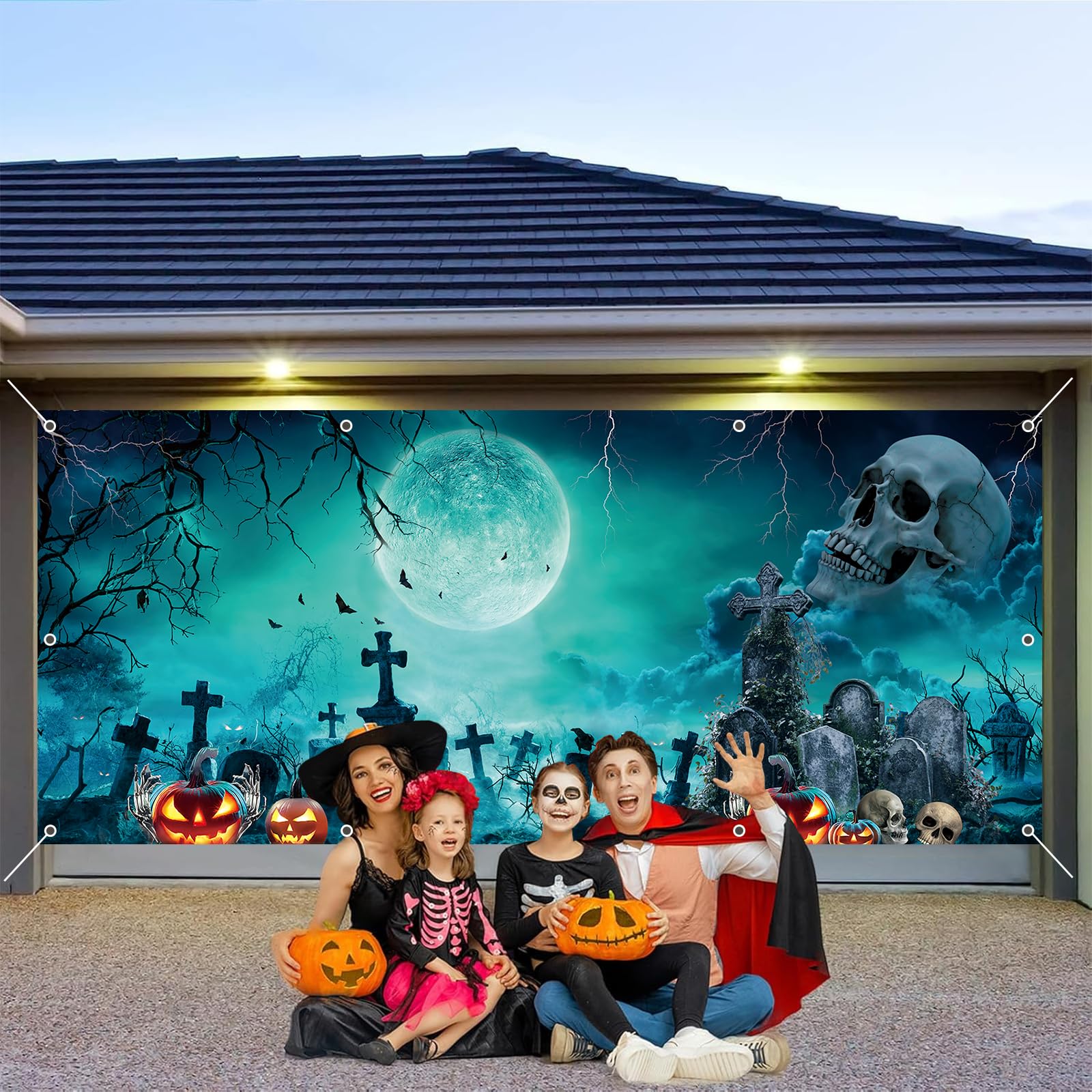 LALAFELL cover on two-car garage showing scale and coverage benefit: full-door transformation