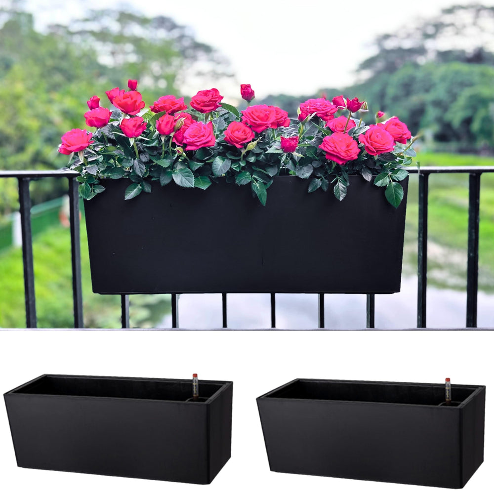 LáLáGreen front view showing both 20-inch rail planters and benefits of space-saving display