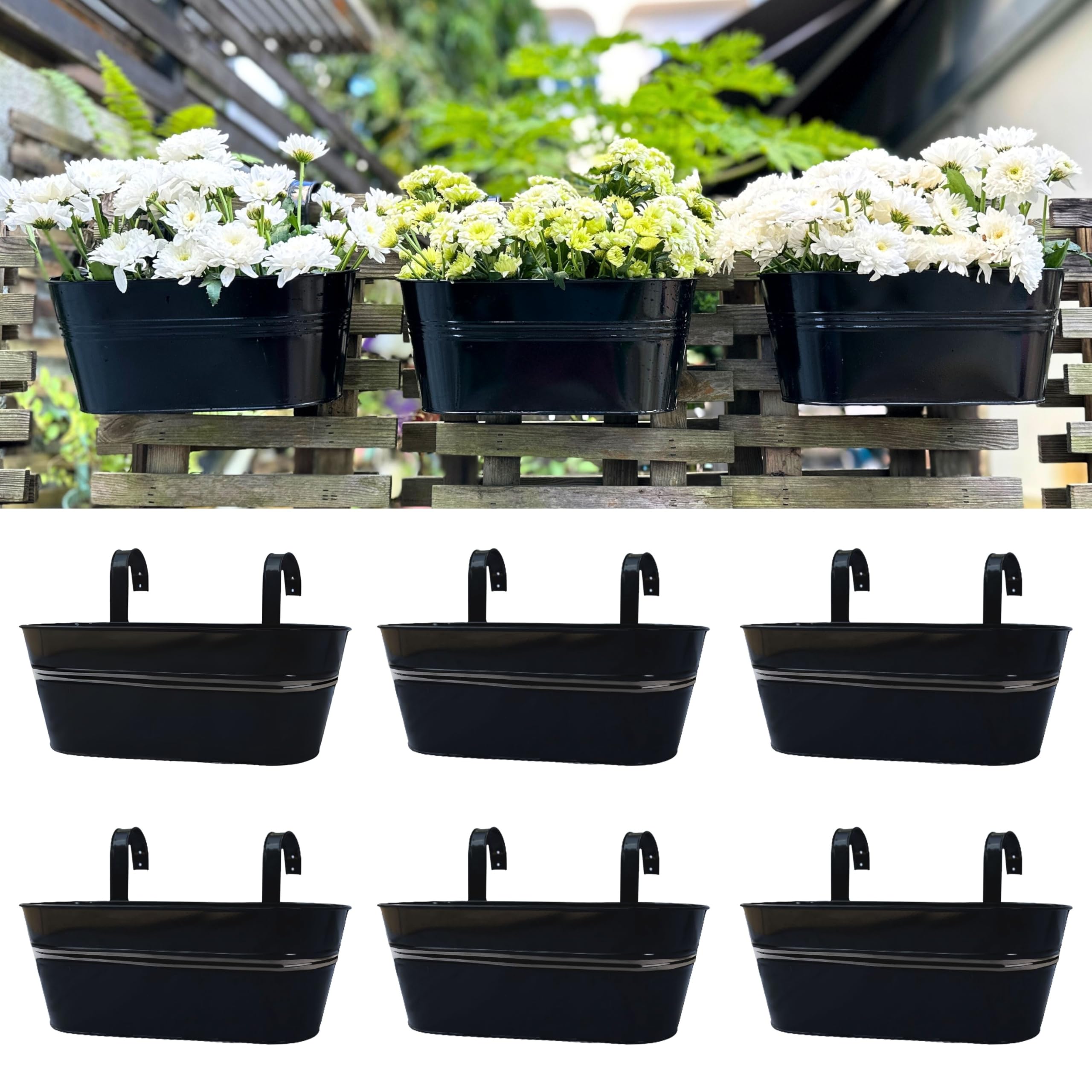 LáLáGreen front view showing six black metal rail planters and benefits of space saving