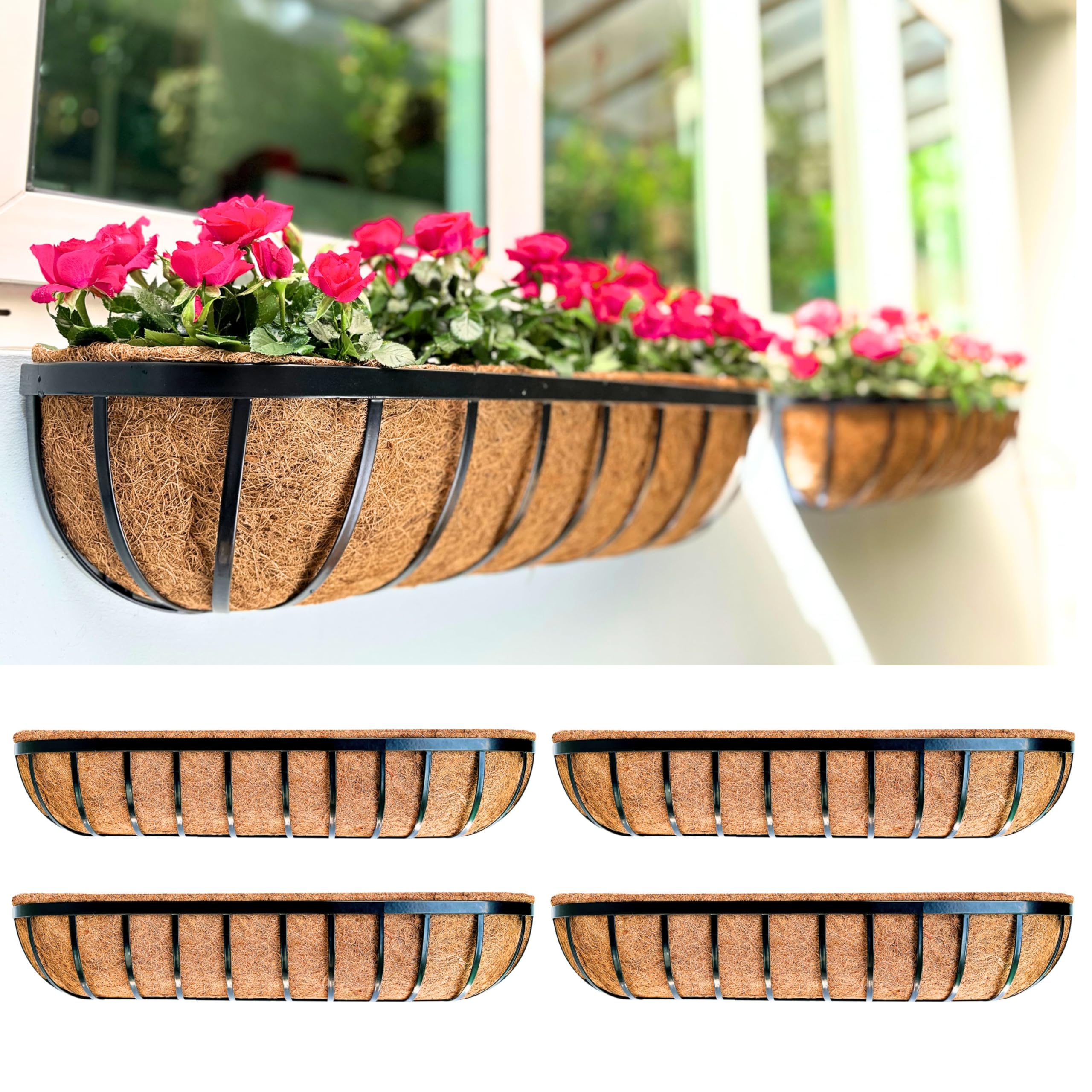 LáLáGreen front view of four 36-inch railing planter boxes showing length and finish for visual impact