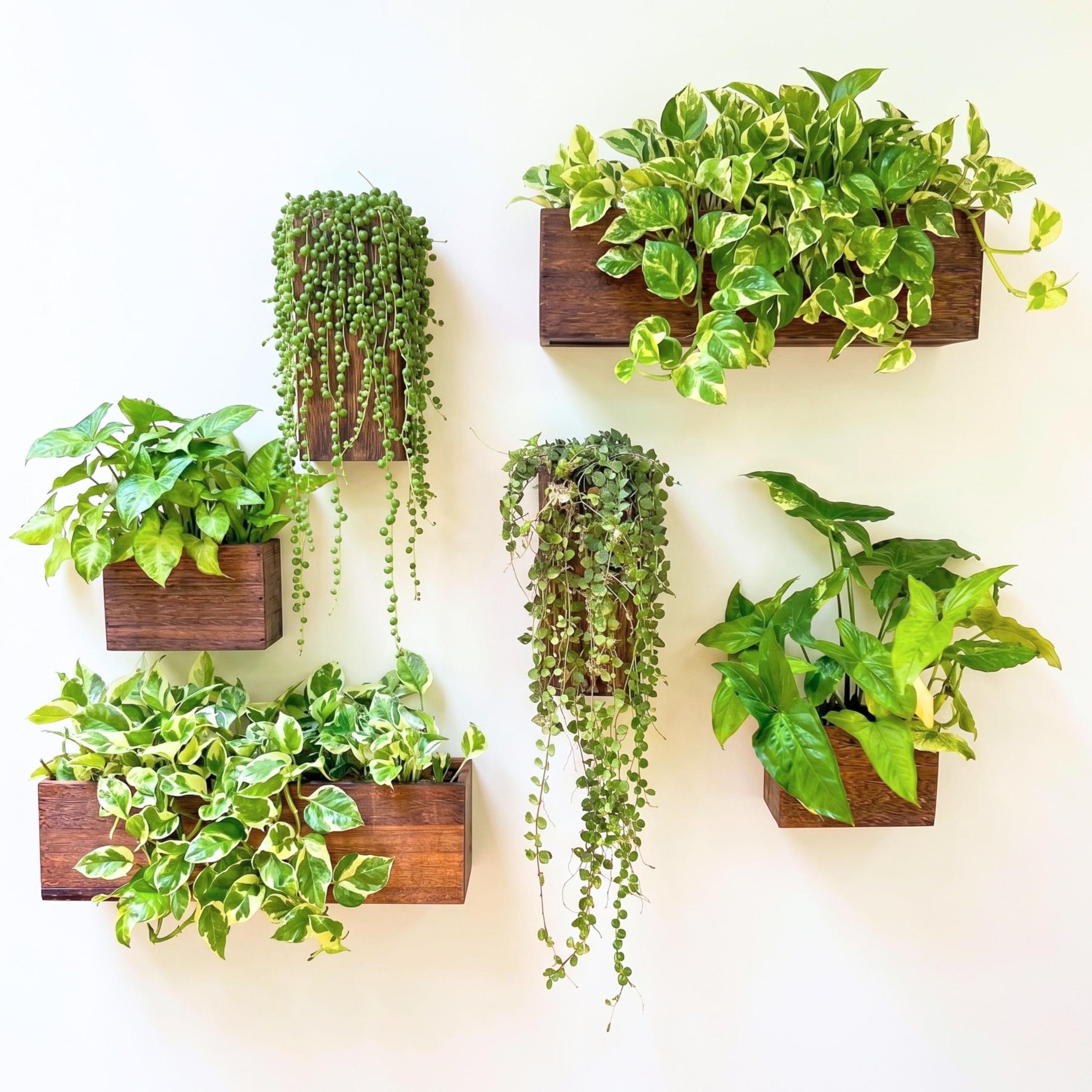 LáLáGreen front view showing six wood planters and ready-to-hang convenience