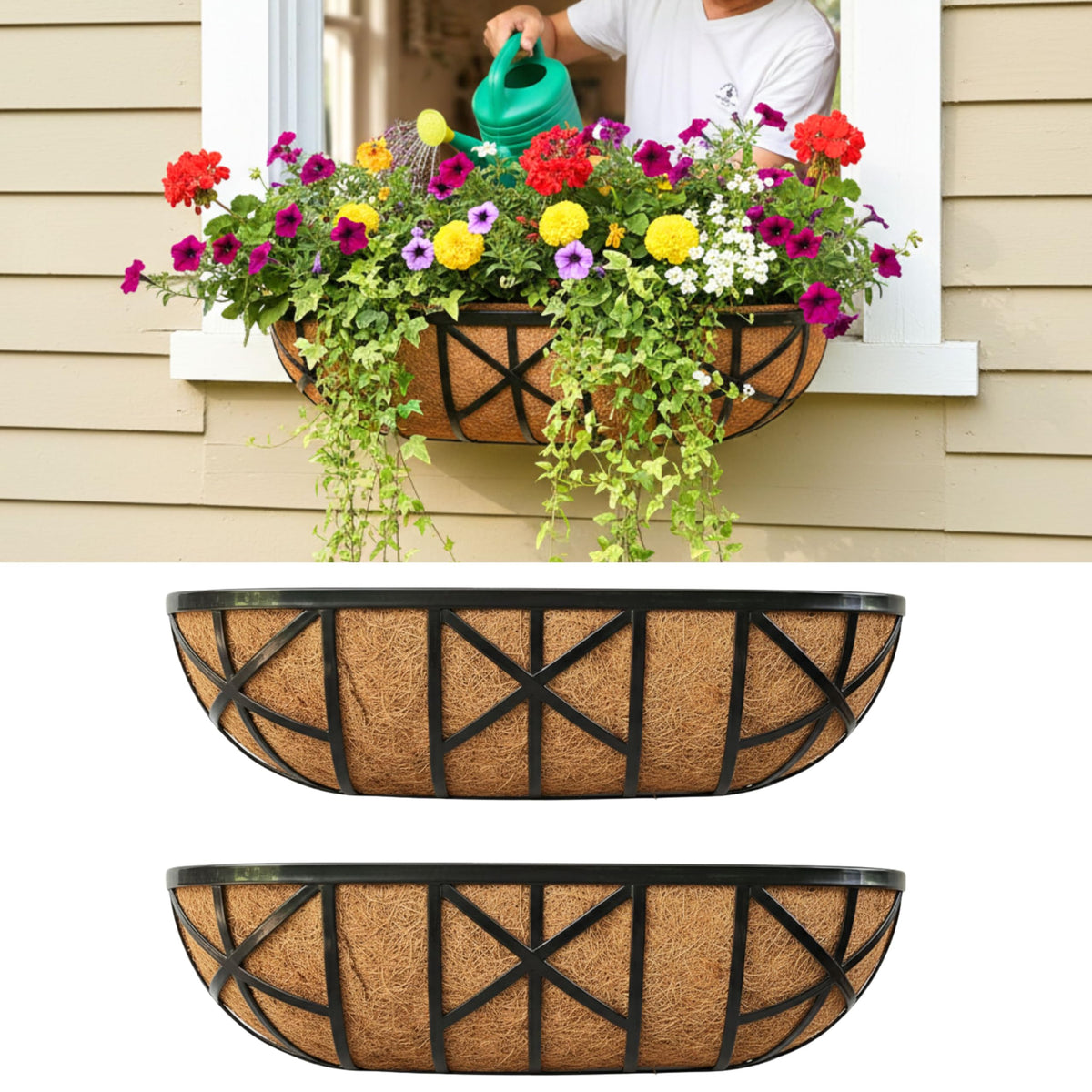 LáLáGreen front view of two 24-inch metal window boxes, durable and ready