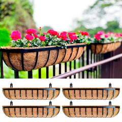 LáLáGreen front view of 36-inch black railing planter showing sleek rectangular profile and tidy planting space