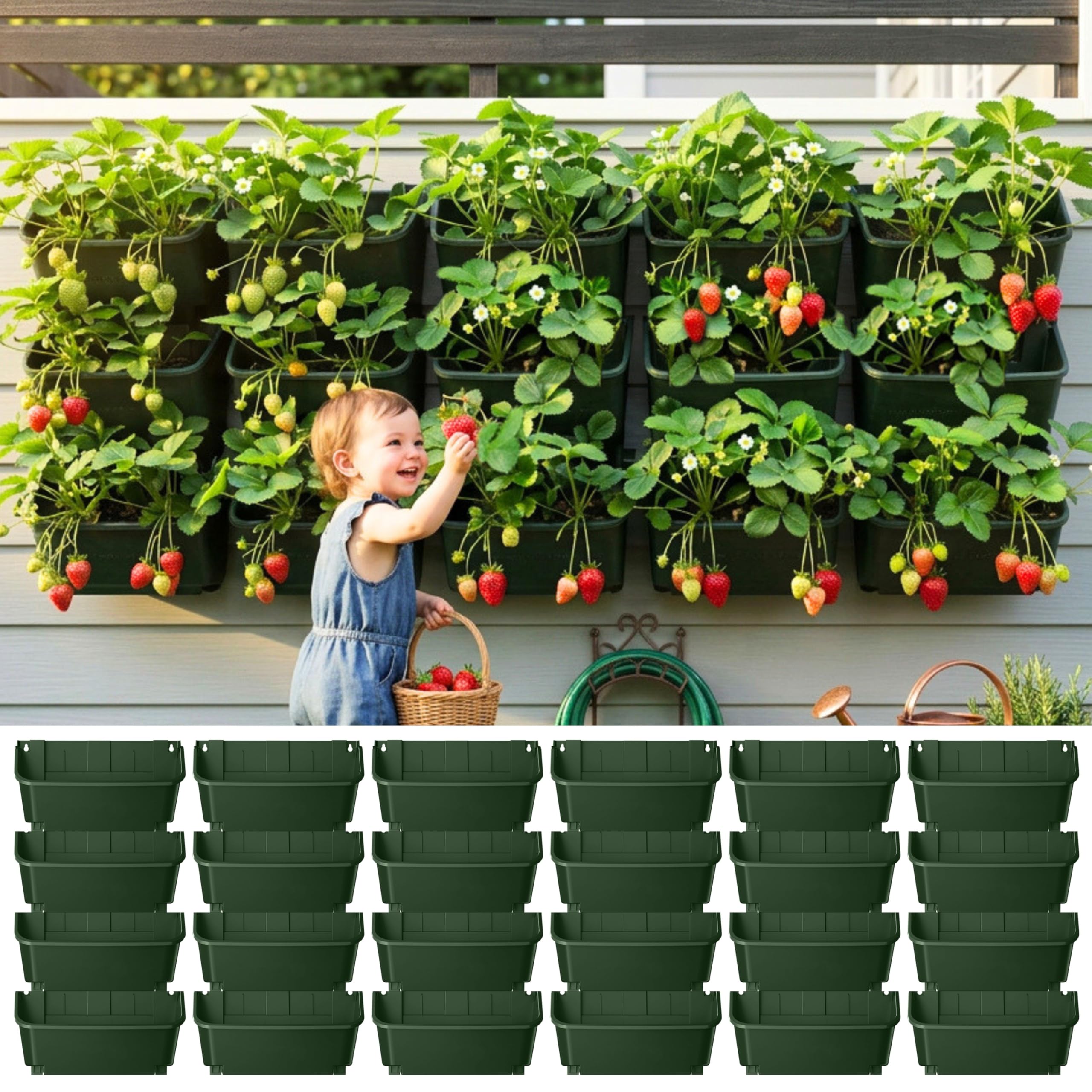 LáLáGreen front view of 24 dark green hanging planters showing space-saving benefit