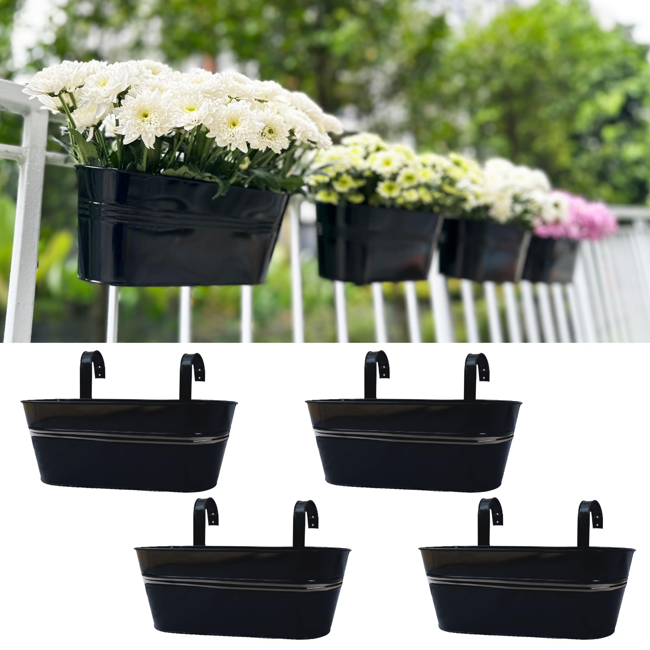 LáLáGreen front view of four black rail planters showing neat set and benefit of coordinated display