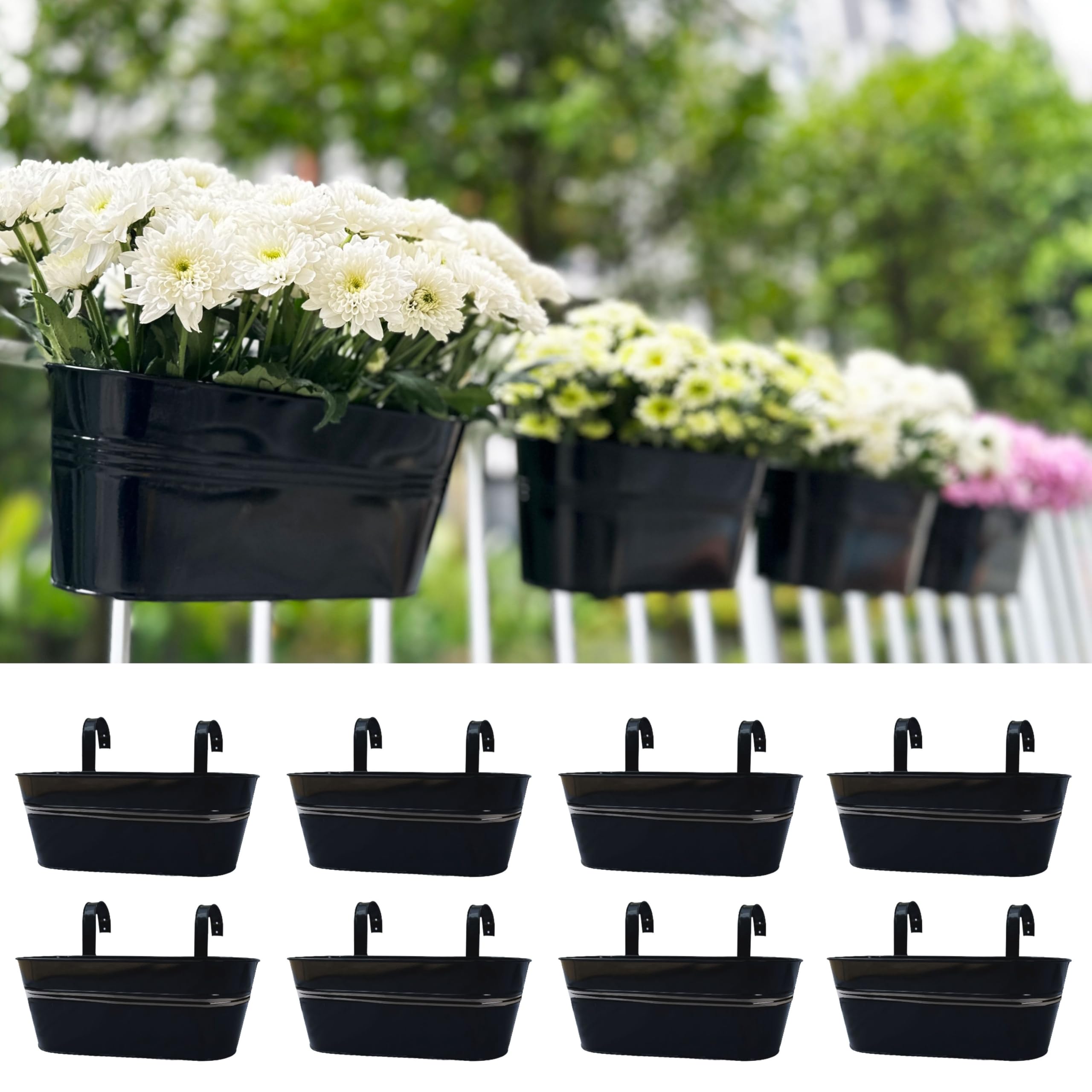 LáLáGreen front view showing eight black rail planters, neat balcony styling benefit