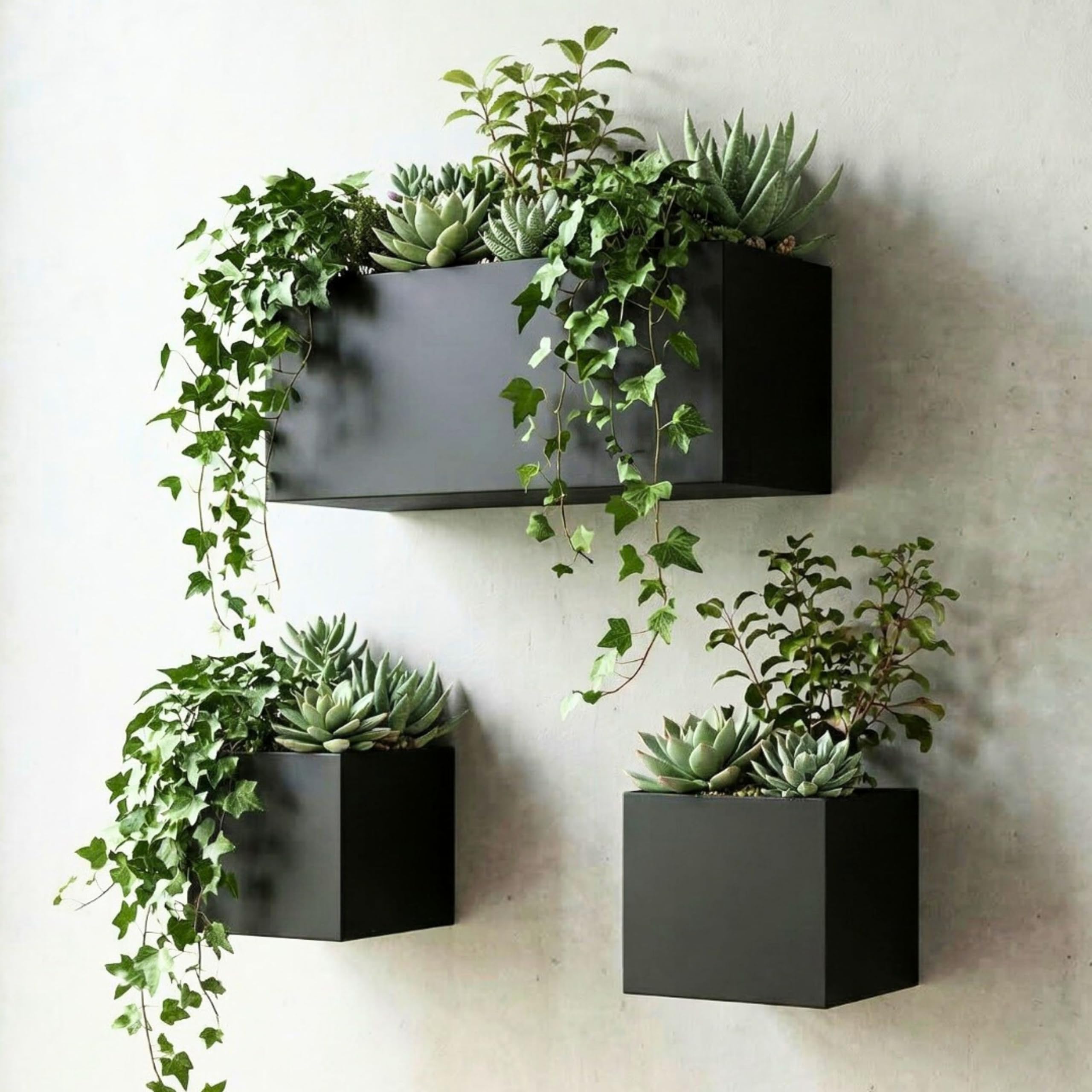LáLáGreen front view of three black wall planters showing sleek modern style and versatility