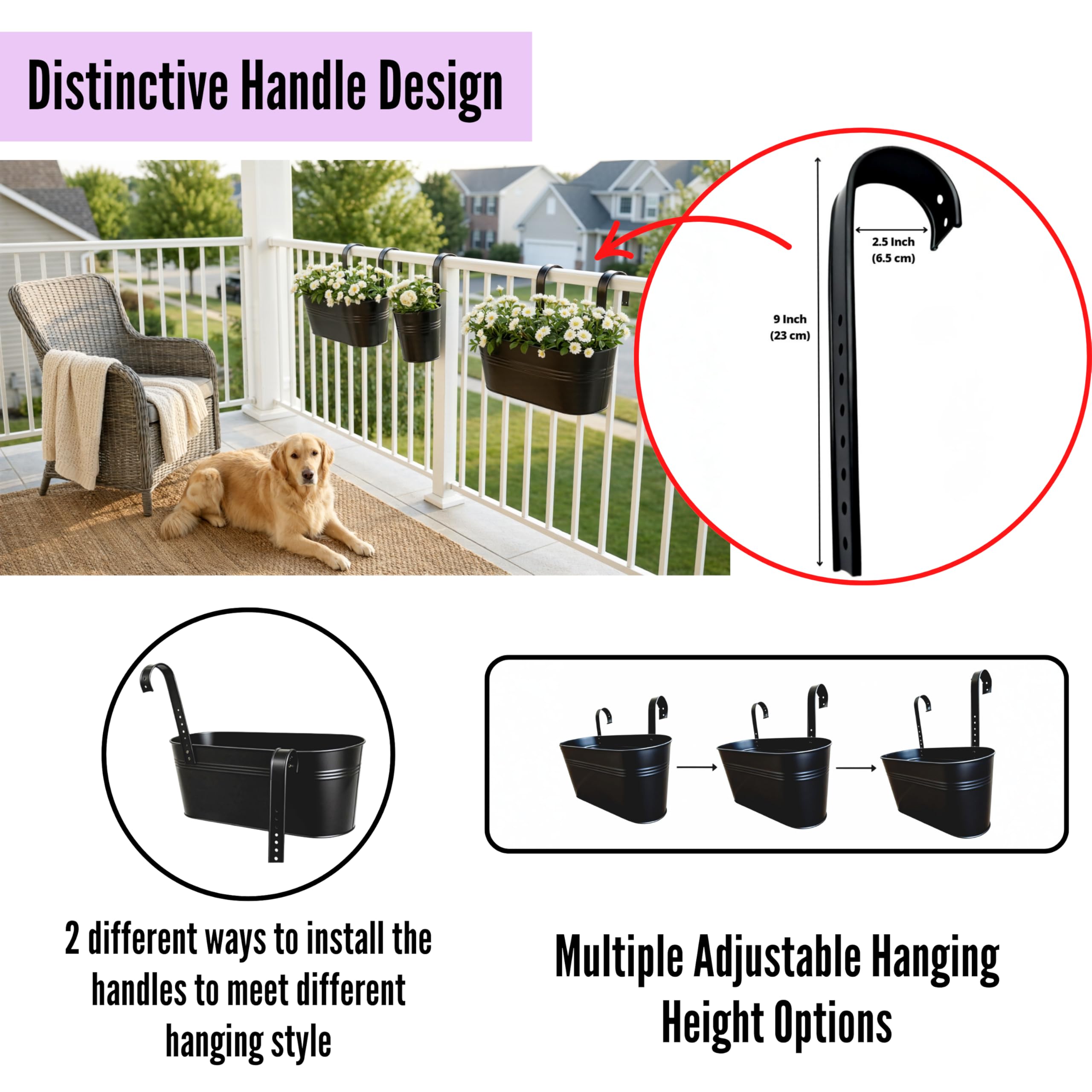 LáLáGreen metal hook attached to railing for secure, easy installation benefit