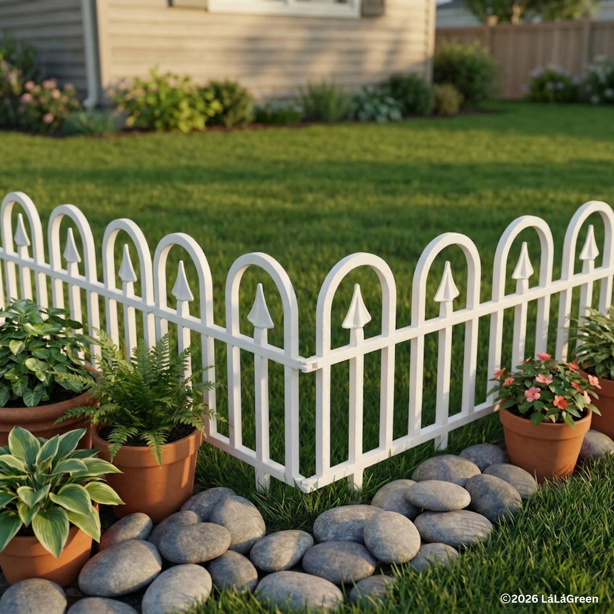 LáLáGreen white panels in a seasonal yard giving a tidy, polished landscape look