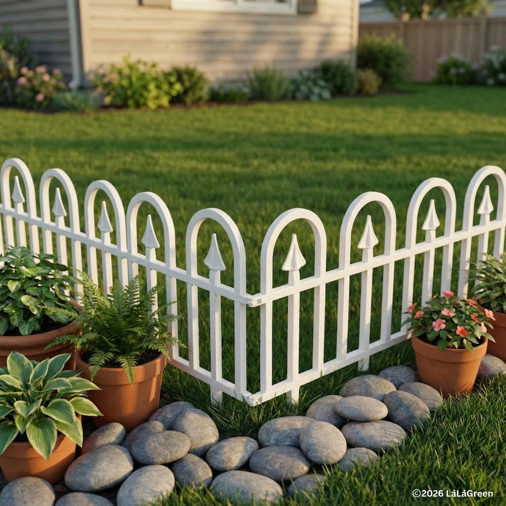 LáLáGreen white panels in a seasonal yard giving a tidy, polished landscape look