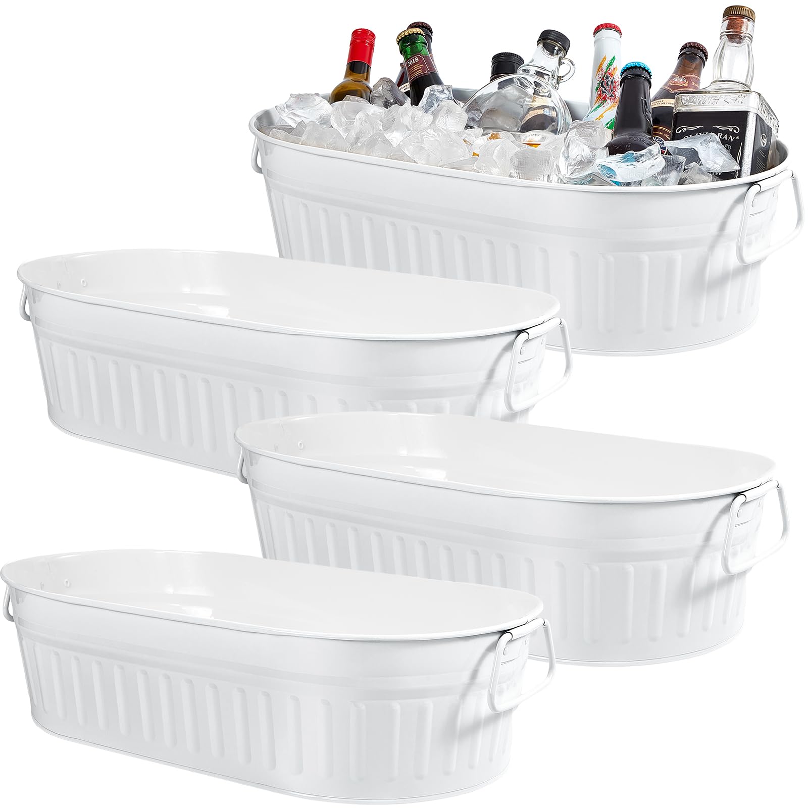 Lallisa front view of four white galvanized tubs showing clean vintage aesthetic and versatility