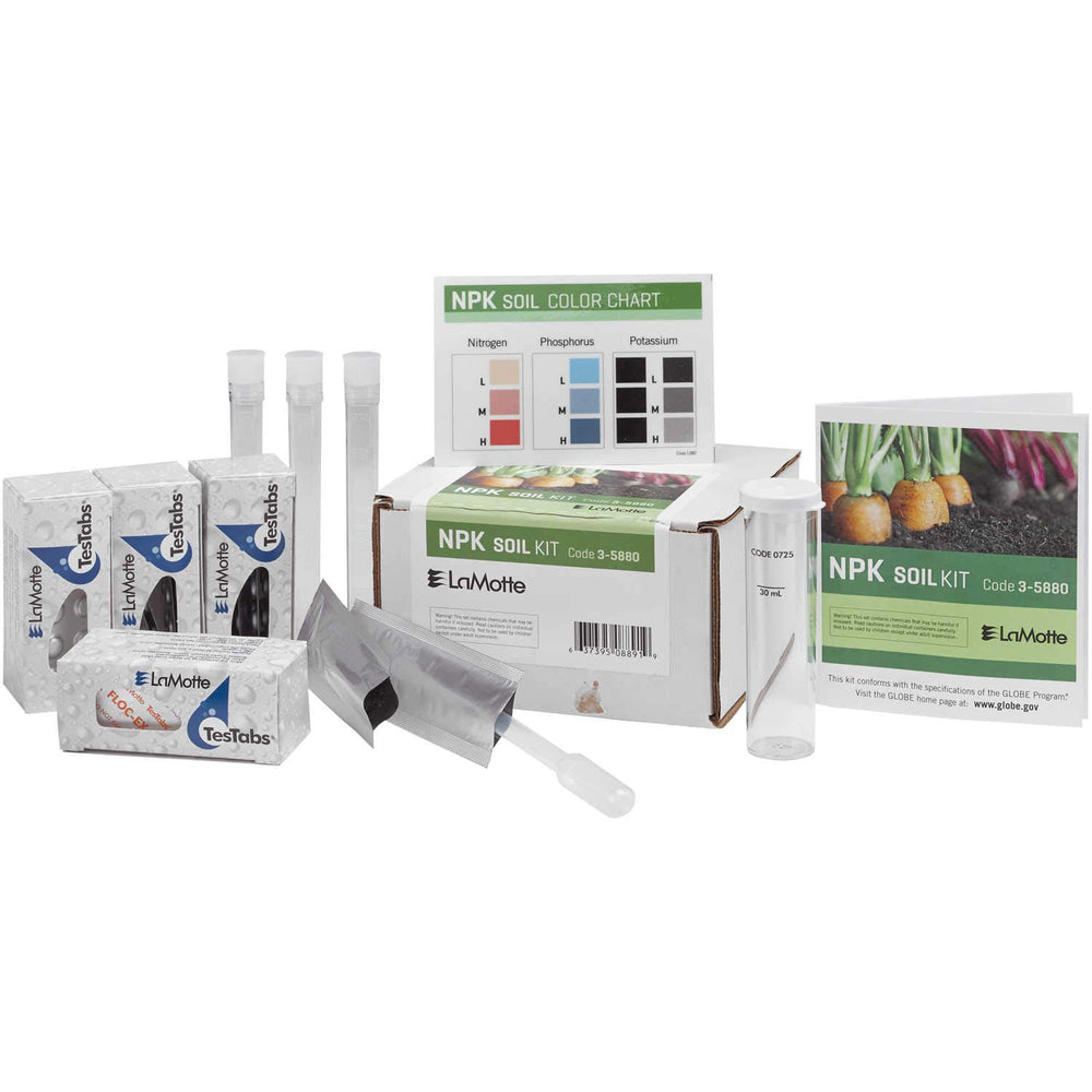 LaMotte NPK Soil Test Kit front packaging showing kit components and safe TesTab benefit