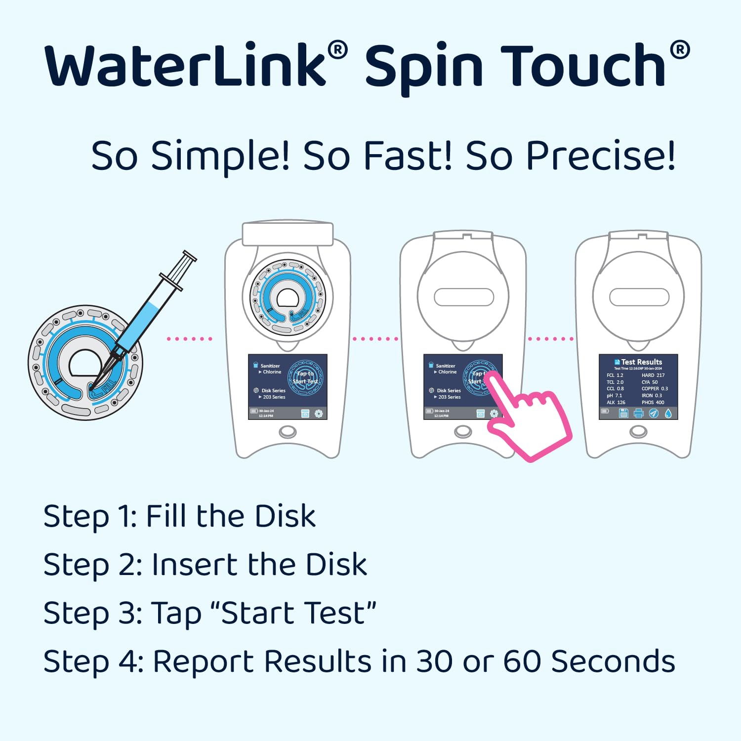 LaMotte Spin Touch in use with technician testing pool water for quick on-site results