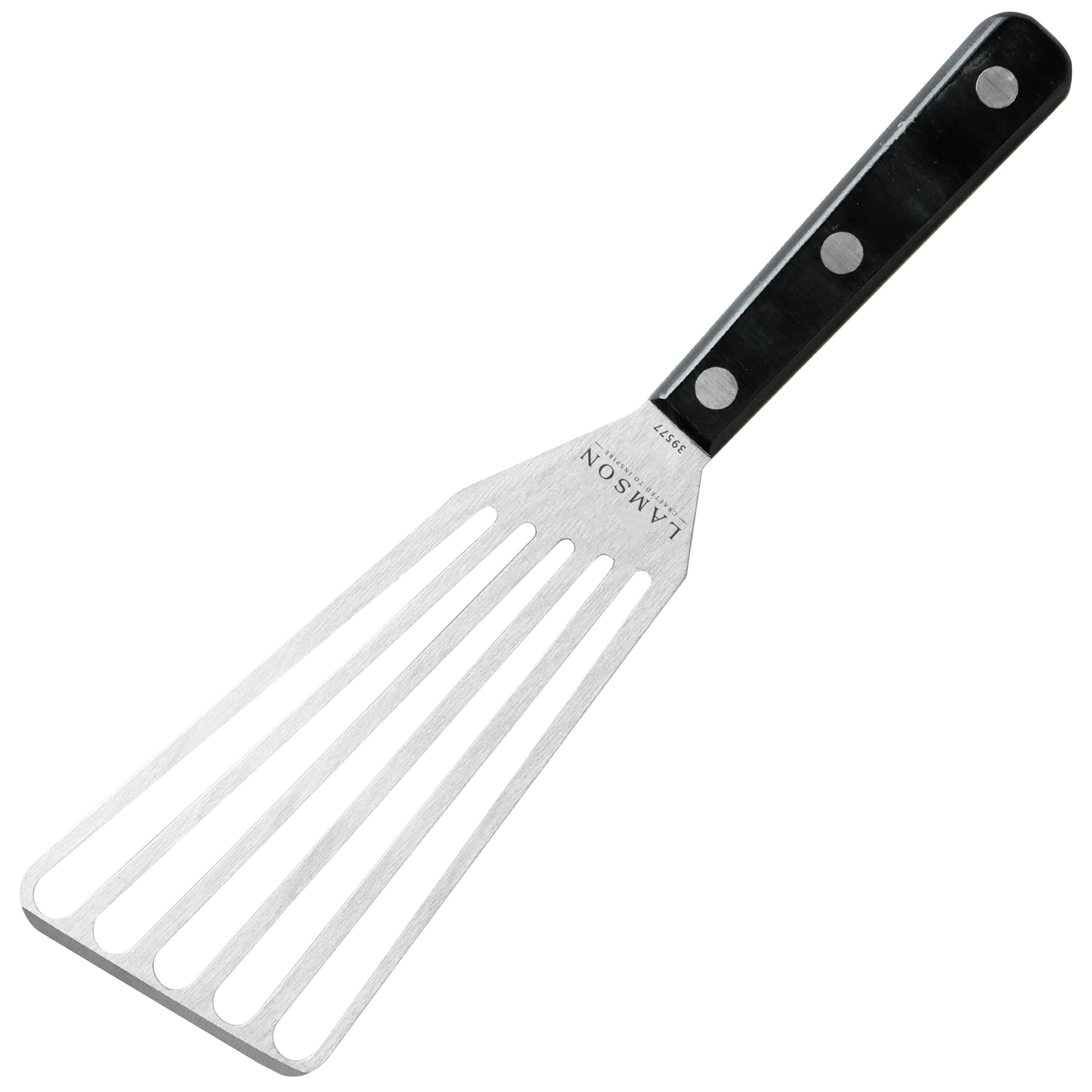 Lamson espátula frontal mostrando hoja ranurada y perfil flexible beneficio: desliza alimentos intactos