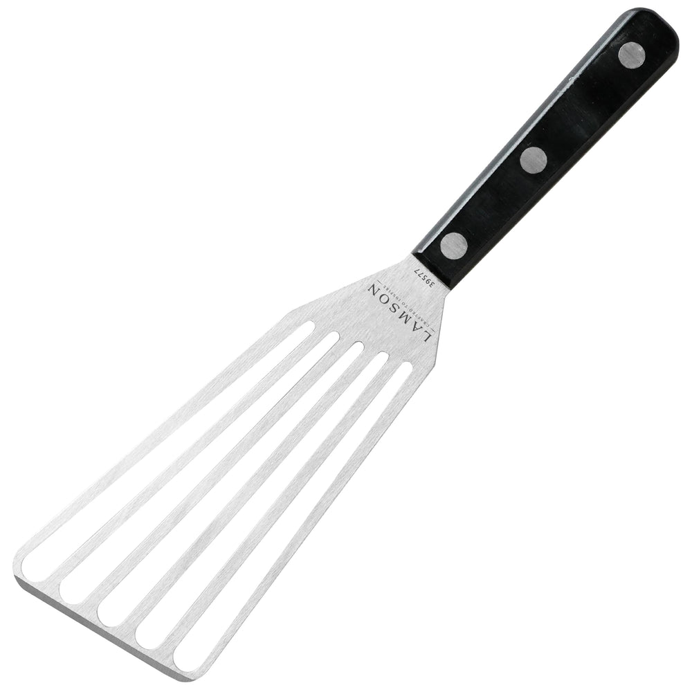 Lamson espátula frontal mostrando hoja ranurada y perfil flexible beneficio: desliza alimentos intactos