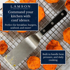 Lamson spatula lifting a single brownie from a pan, demonstrates clean release benefit